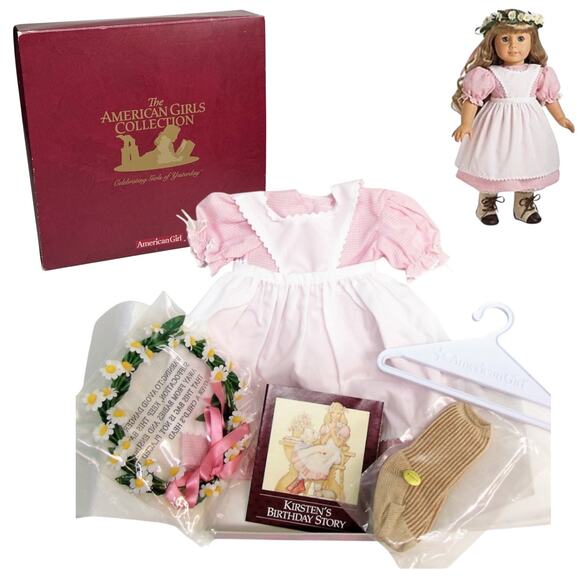 American Girl Pleasant Company KIRSTENS BIRTHDAY OUTFIT Apron Dress Wreath & Box